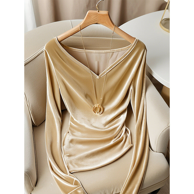 Top Champagne V-neck Long Sleeve Pleuche Pleated Female Winter
