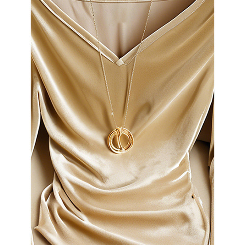 Top Champagne V-neck Long Sleeve Pleuche Pleated Female Winter