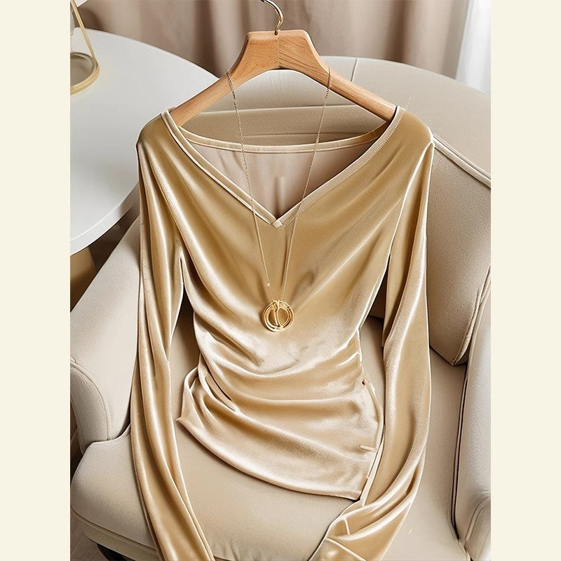 Top Champagne V-neck Long Sleeve Pleuche Pleated Female Winter