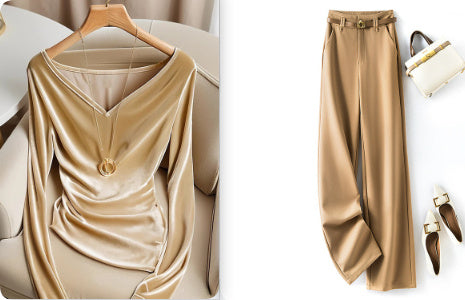 Top Champagne V-neck Long Sleeve Pleuche Pleated Female Winter