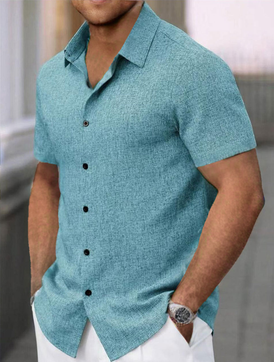 Men's Lapel Cotton And Linen Stripes Jacquard Loose Casual Shirt