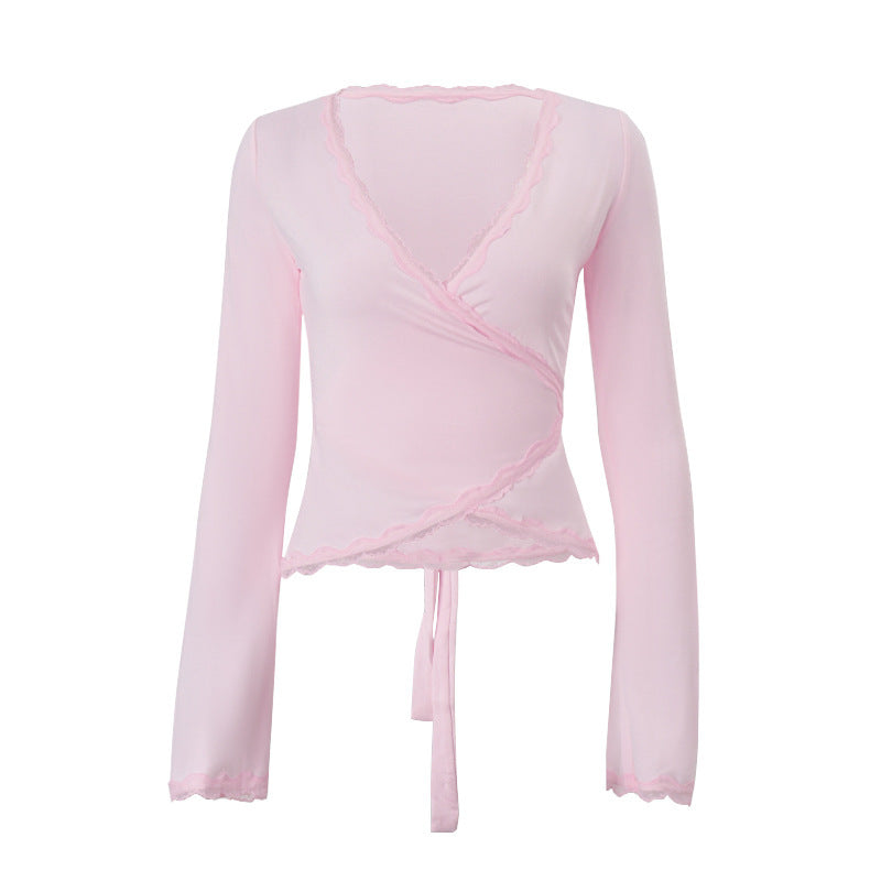 European And American V-neck Slim Lace Tied Long Sleeves Top