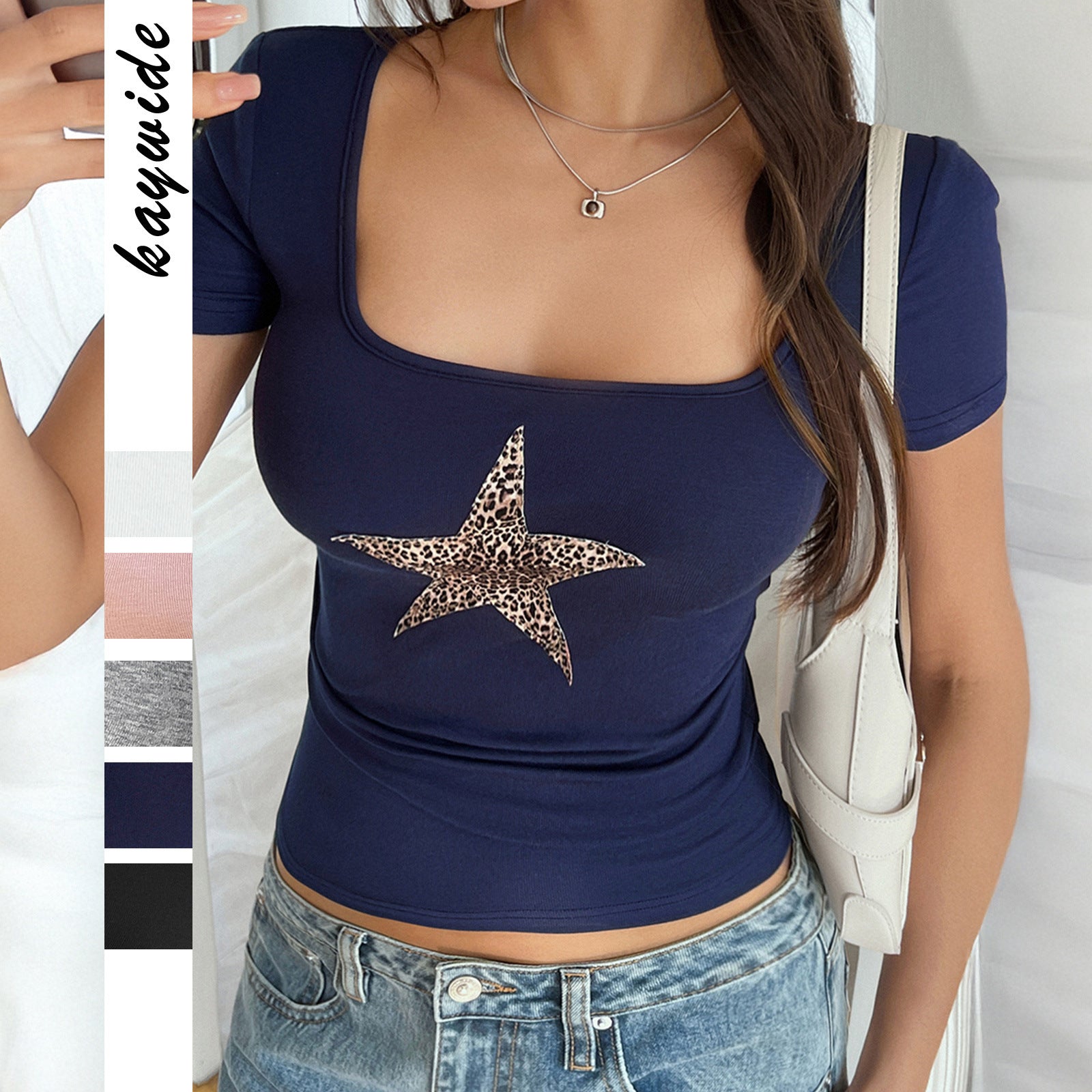Printed Leopard Print XINGX Pleated Nipped-waist Short-sleeved T-shirt