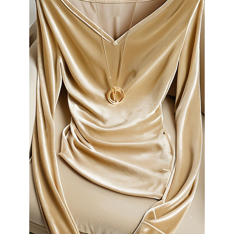 Top Champagne V-neck Long Sleeve Pleuche Pleated Female Winter
