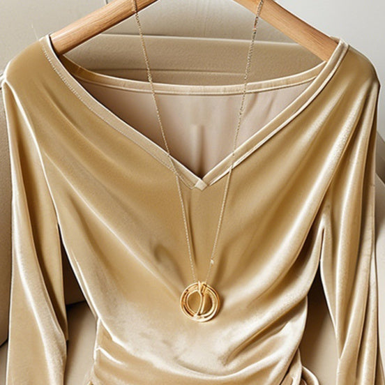 Top Champagne V-neck Long Sleeve Pleuche Pleated Female Winter